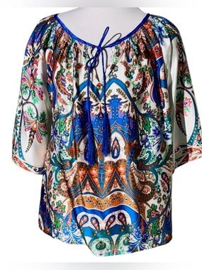 KAS New York Silk Boho Tunic Top Medium Blue Abstract Floral Print Tassel Tie